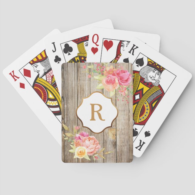 Guldmonogram på rosa blommor rustik trä casinokort (Baksidan)
