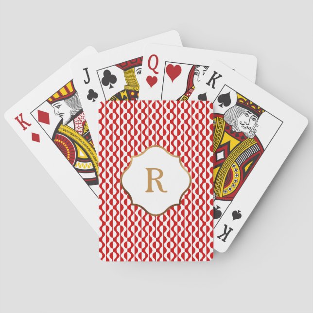 Guldmonogram, röda & vita vågor Retro-mönster Casinokort (Baksidan)