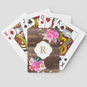 Guldmonogram Rosa blommor Rustik Brunt Trä Casinokort