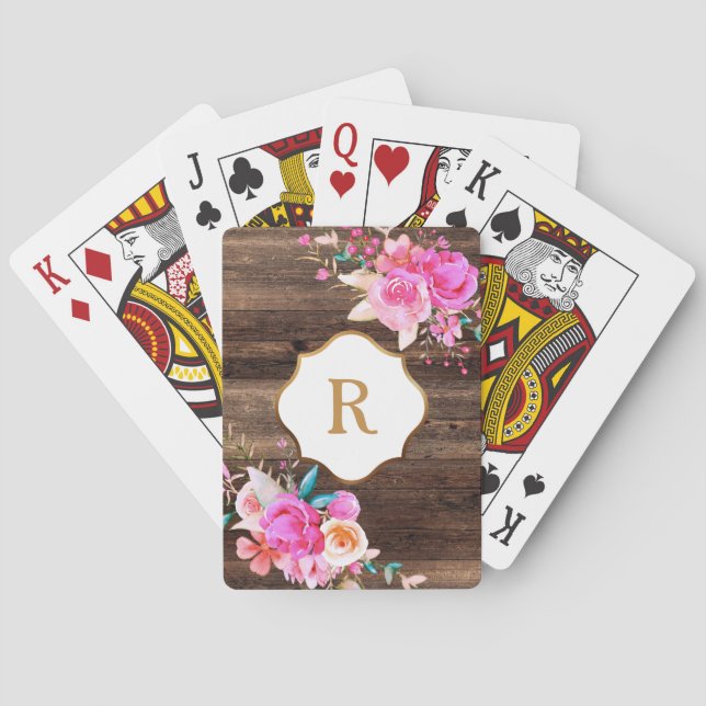 Guldmonogram Rosa blommor Rustik Brunt Trä Casinokort (Baksidan)