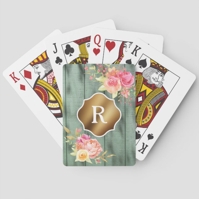 Guldmonogram Rosa blommor Rustik grön trä Casinokort (Baksidan)