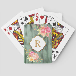 Guldmonogram Rosa blommor Rustik grön trä Casinokort