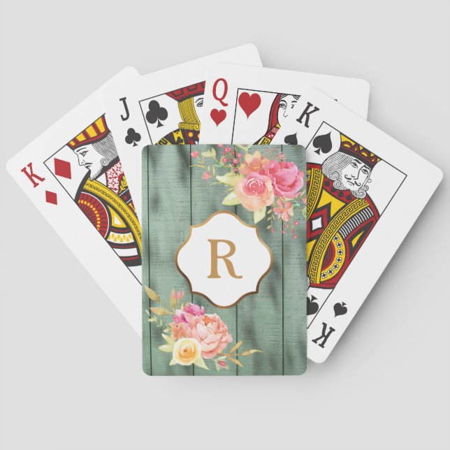 Guldmonogram Rosa blommor Rustik grön trä Casinokort (Baksidan)