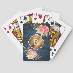 Guldmonogram Rosa blommor Rustik marin trä Casinokort