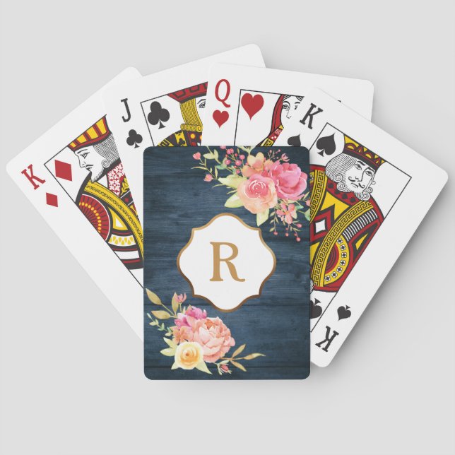 Guldmonogram Rosa blommor Rustik marin trä Casinokort (Baksidan)