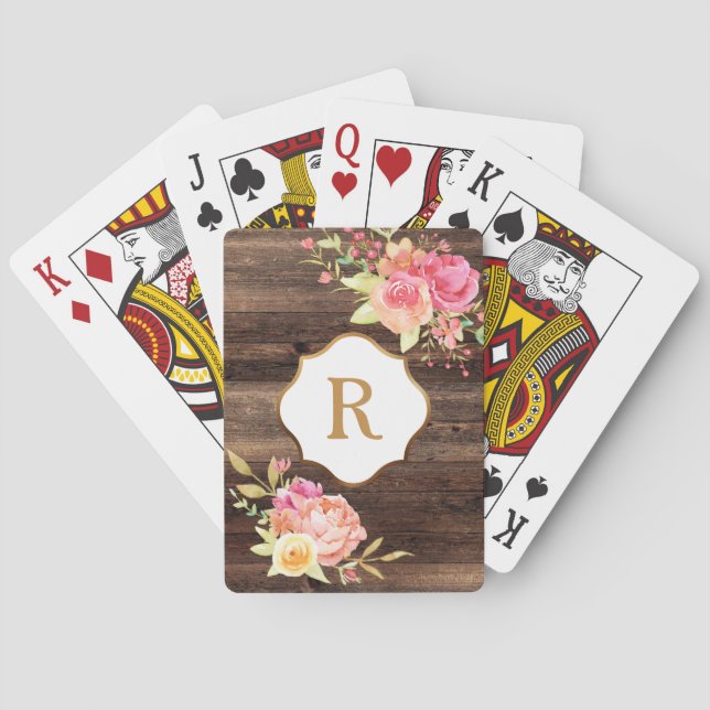 Guldmonogram Rosa blommor Rustikbrunt trä Casinokort (Baksidan)
