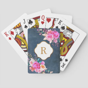 Guldmonogram Rosa Blommor Vintage Blå Textur Casinokort