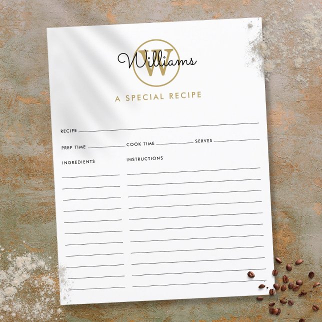 Guldmonogram skriptnamn receptkort (Gold Monogram Script Name Recipe Card)