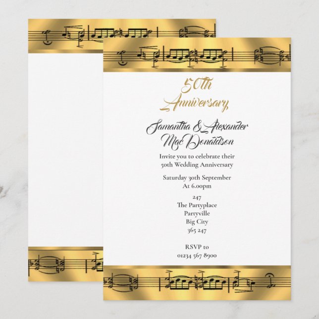 Guldmusik 50-års bröllopsjubileum inbjudningar (Fram/baksida)