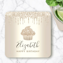 Guldnamn cupcakeskrinndroppar script födelsedag underlägg papper kvadrat