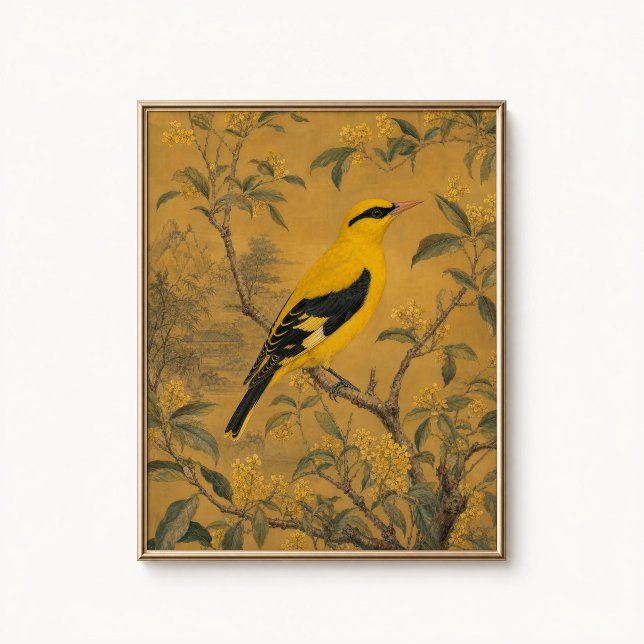 Guldoriol kinesisk väggposter poster (Golden Oriole Chinoiserie Wall Art Poster - close-up view (frame/decor not included))