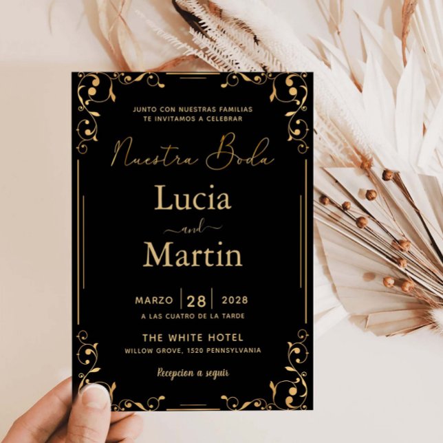 Guldornament Hörna Svart Spanska Vår Bröllop Inbjudningar (Skapare uppladdad)