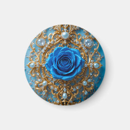 Guldornament med blå ros och pärlor magnet