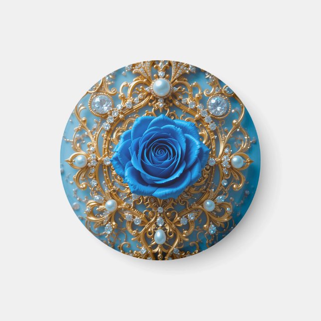 Guldornament med blå ros och pärlor magnet (Framsidan)