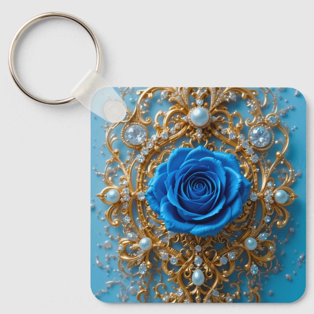 Guldornament med blå ros och pärlor nyckelring (Framsida)