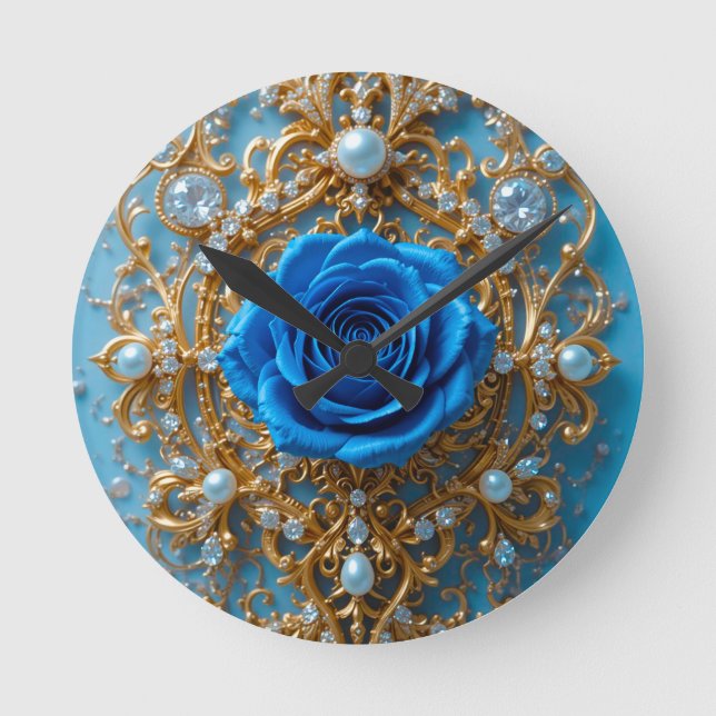Guldornament med blå ros och pärlor rund klocka (Framsida)