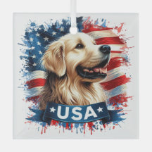 Guldpäls Retriever Patriotisk Glasprydnad