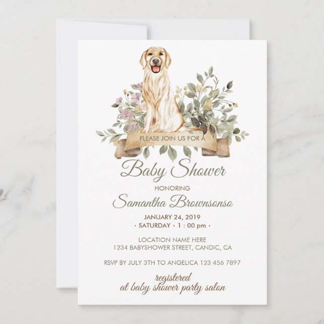 Guldpäls Retriever Valp Baby Shower Inbjudningar (Framsida)