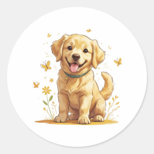 Guldpäls retriever-valp med gula blommor runt klistermärke