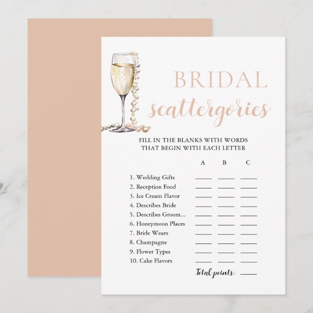 Guldpärlor och Prosecco Bröllops Scattergories-spe Inbjudningar (Fram/baksida)