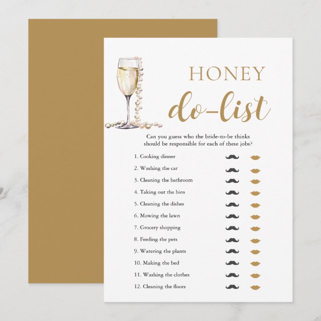 Guldpärlor och Prosecco Honey Do List Bröllopsspel Inbjudningar (Fram/baksida)