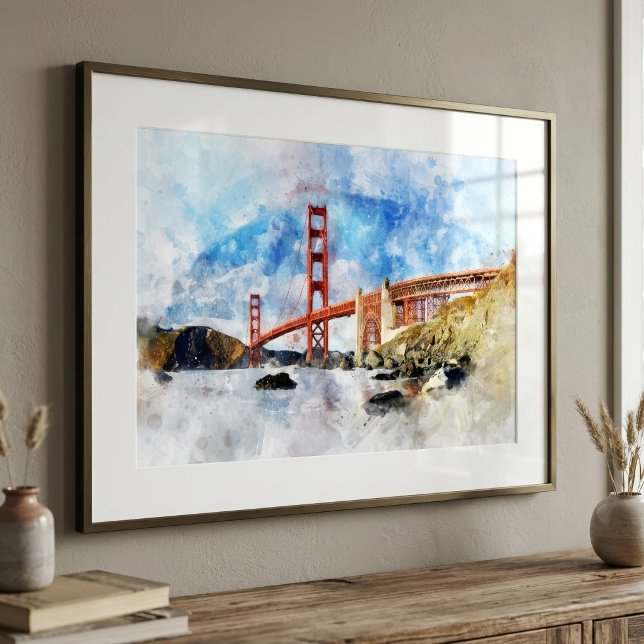 Guldportbron akvarell i San Francisco Fototryck (Golden Gate Bridge watercolor in San Francisco. Photo Print)