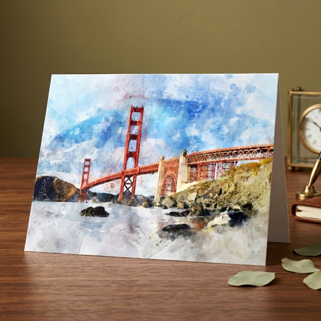 Guldportbron akvarell i San Francisco Tack Kort (Golden Gate Bridge watercolor in San Francisco. Letterpress Thank You Card)