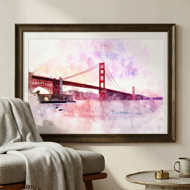 Guldportbron Vattenfärg vid solnedgång Fototryck (Golden Gate Bridge Watercolor at Sunset. Photo Print )