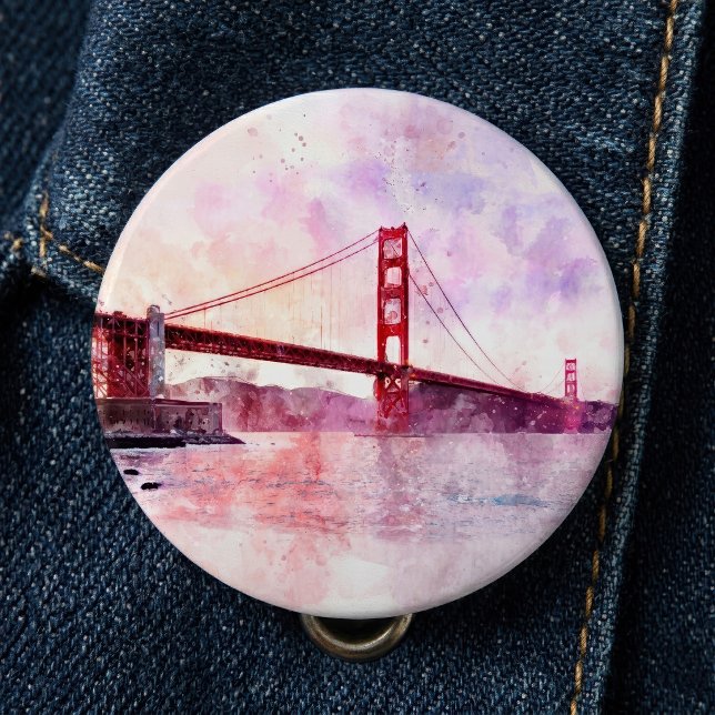 Guldportbron Vattenfärg vid solnedgång Knapp (Golden Gate Bridge Watercolor at Sunset. Button)