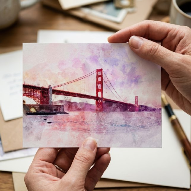 Guldportbron Vattenfärg vid solnedgång Vykort (Golden Gate Bridge Watercolor at Sunset. Postcard)