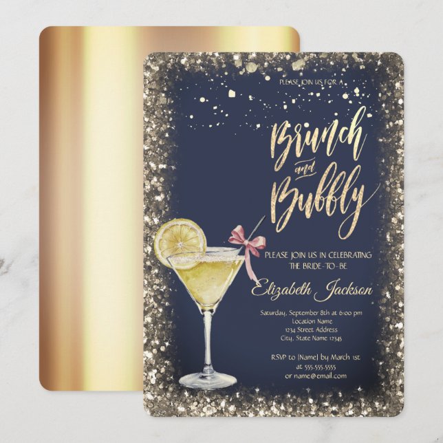 Guldprickar Cocktailglas Citron Bröllopsdusch Inbjudningar (Fram/baksida)