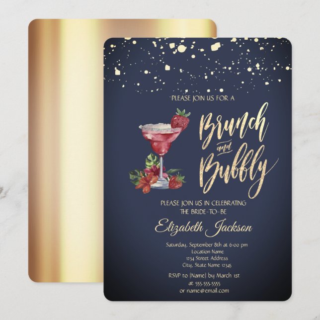 Guldprickig cocktailglas bröllopsdusch inbjudningar (Fram/baksida)