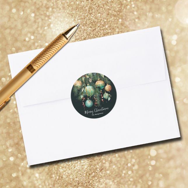 Guldpynt Julgran Runt Klistermärke (Gold and green Christmas tree ornaments round envelope seal stickers)