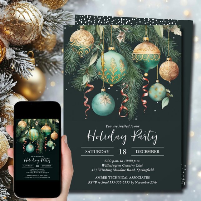 Guldpynt Julgransfest Inbjudningar (Gold and Green Baubles Christmas Tree Party Invitations - INSTANT DOWNLOAD and/or PRINTED)