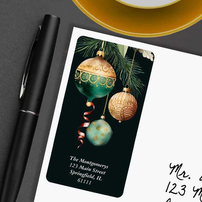 Guldpyntlig Julgran Returadress Adressetikett (Gold Baubles Christmas Tree Return Address Labels)