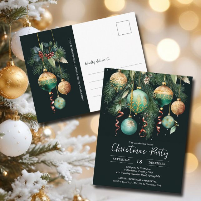 Guldpyntlig julgransfestinladning vykort (Gold and green Christmas tree party invitation postcards)
