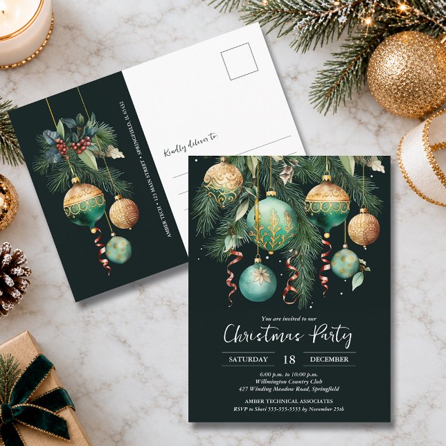 Guldpyntlig julgransfestinladning vykort (Gold and green Christmas tree ornaments party invitation postcards)