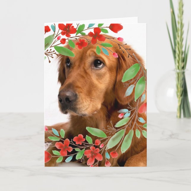 Guldräddare Hund med akvarell Röda Blommor Kort (Framsida)
