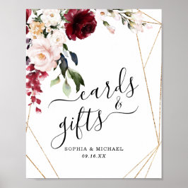 Guldram burgunderröd blomsterkort och presentkorts poster