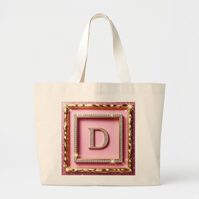 Guldram Diamant Initial D Rosa Glitter Monogram Jumbo Tygkasse (Framsidan)