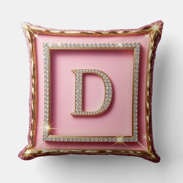 Guldram Diamant Initial D Rosa Glitter Monogram Kudde (Framsida)