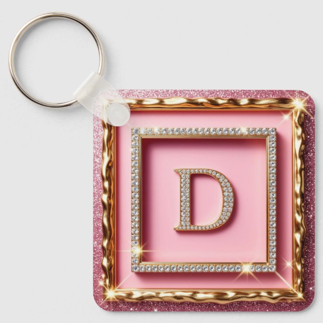 Guldram Diamant Initial D Rosa Glitter Monogram Nyckelring (Framsida)