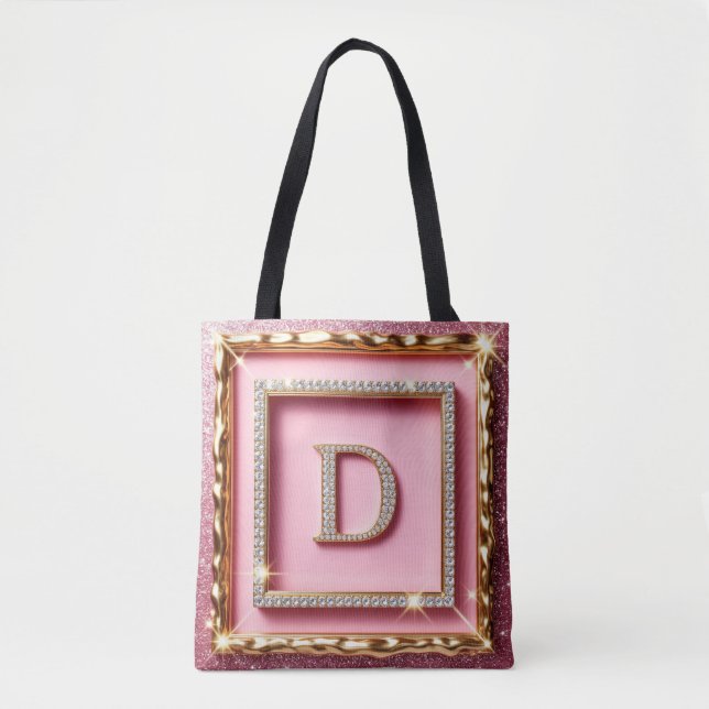 Guldram Diamant Initial D Rosa Glitter Monogram Tygkasse (Framsida)