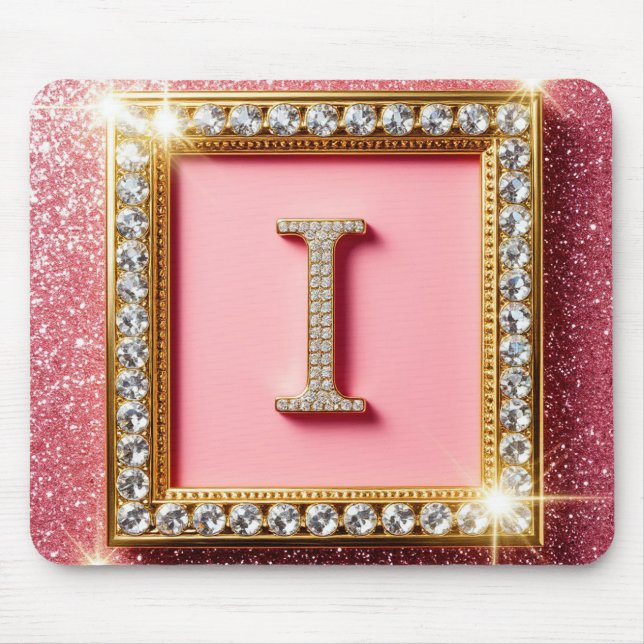 Guldram Diamant Initial I Rosa Glitter Monogram Musmatta (Framsidan)