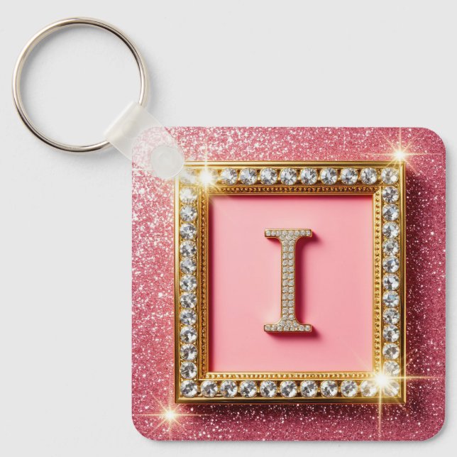 Guldram Diamant Initial I Rosa Glitter Monogram Nyckelring (Framsida)