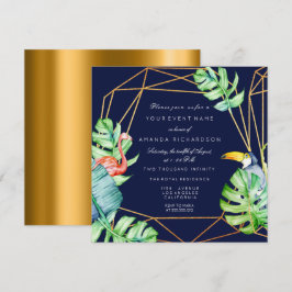 Guldram Monstera Flamingo Tropisk Bröllop Navy Inbjudningar