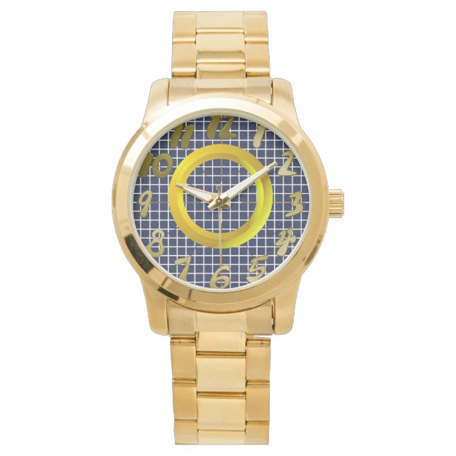 Guldring Geometriska Blåa Rutor Armbandsur (Framsida)