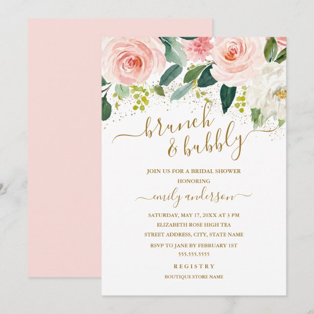 Guldrodnad blomsterbrunch och bubblig bröllopsdusc inbjudningar (Fram/baksida)