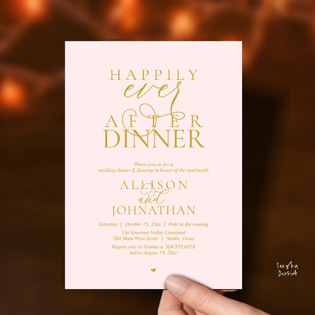 Guldrodnad Lycklig För Evigt Efter Middags Bröllop Inbjudningar (Blush Gold Happily Ever After Dinner Modern Script Wedding Invitation Card)