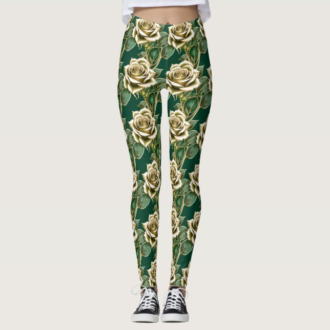 Guldröjor med smaragdgröna blad  leggings (Framsida)
